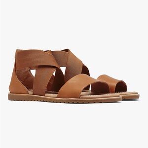 Sorel Ella Sandals Camel Brown Full-Grain Leather  Gore Stretch Straps Size: 10